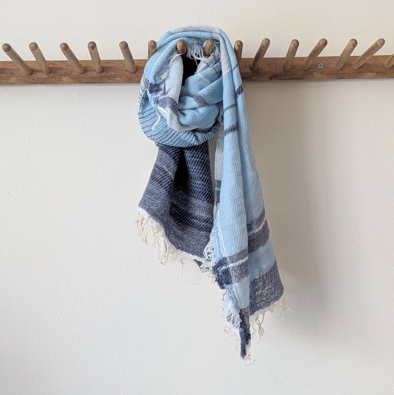 Tamaki Niime soft woven striped cotton scarf One of a kind. Made in Japan. Medium Root Shawl. multicolor shop Boston sowa gift store boutique blue white navy sky