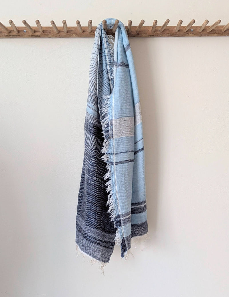 Tamaki Niime soft woven striped cotton scarf One of a kind. Made in Japan. Medium Root Shawl. multicolor shop Boston sowa gift store boutique blue white navy sky