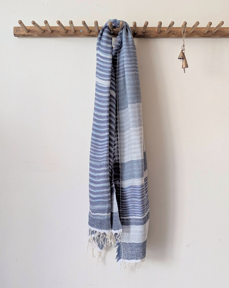 Tamaki Niime soft woven striped cotton scarf One of a kind. Made in Japan. Medium Root Shawl. multicolor shop Boston sowa gift store boutique blue white