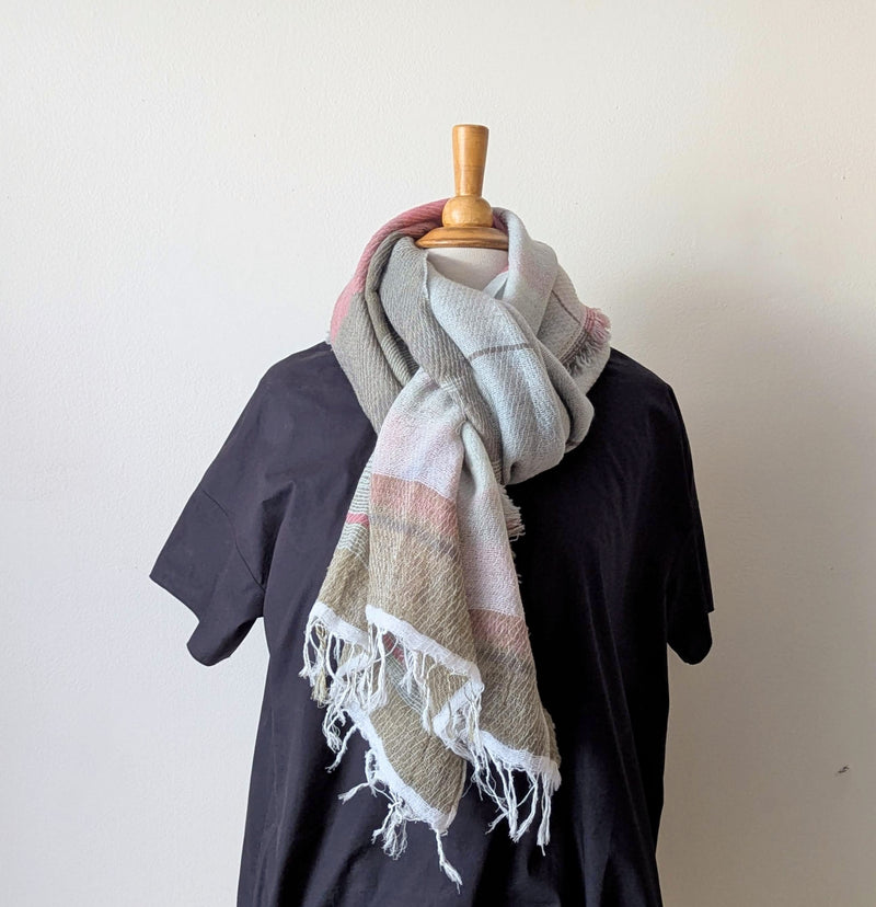 Tamaki Niime soft woven striped cotton scarf One of a kind. Made in Japan. Medium Root Shawl. multicolor shop Boston sowa gift store boutique pink gray light blue sage green