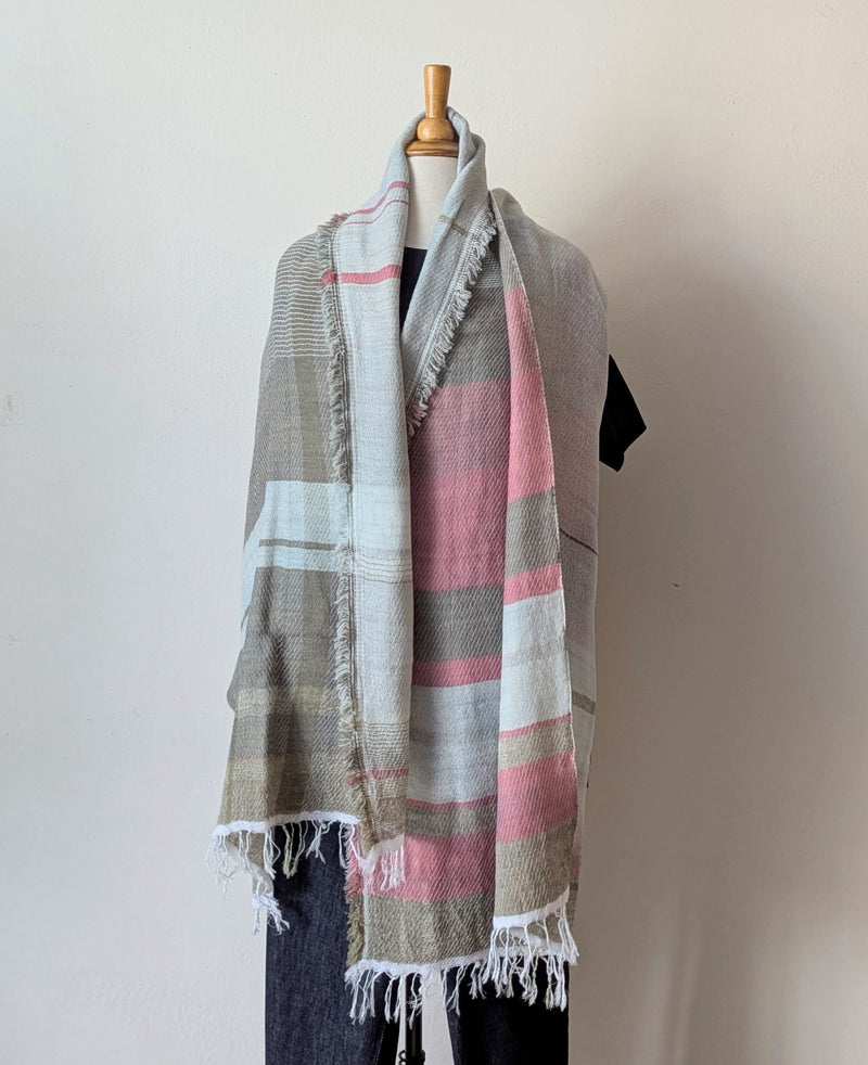 Tamaki Niime soft woven striped cotton scarf One of a kind. Made in Japan. Medium Root Shawl. multicolor shop Boston sowa gift store boutique pink gray light blue sage green