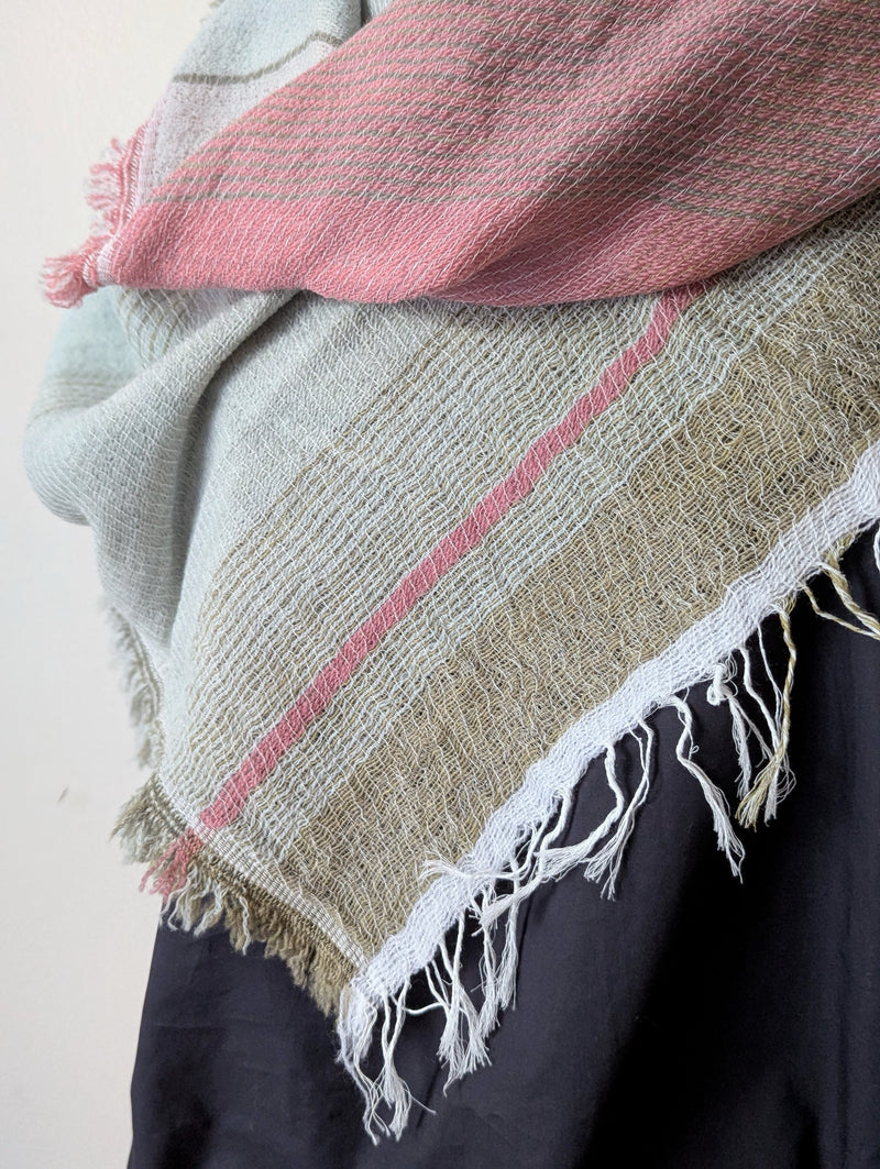 Tamaki Niime soft woven striped cotton scarf One of a kind. Made in Japan. Medium Root Shawl. multicolor shop Boston sowa gift store boutique pink gray light blue sage green