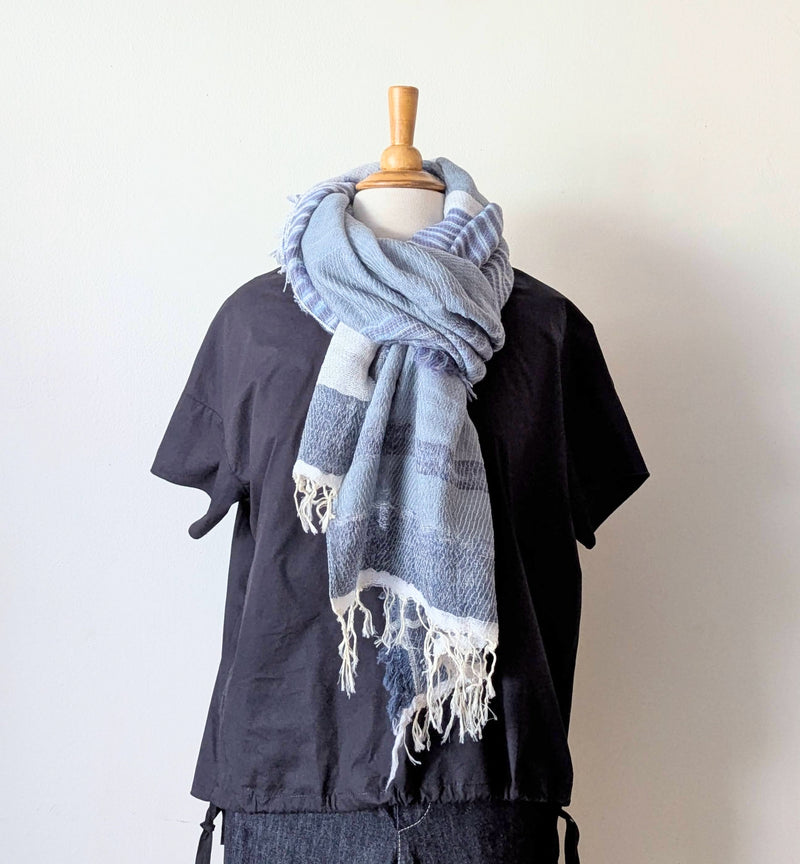 Tamaki Niime soft woven striped cotton scarf One of a kind. Made in Japan. Medium Root Shawl. multicolor shop Boston sowa gift store boutique blue white