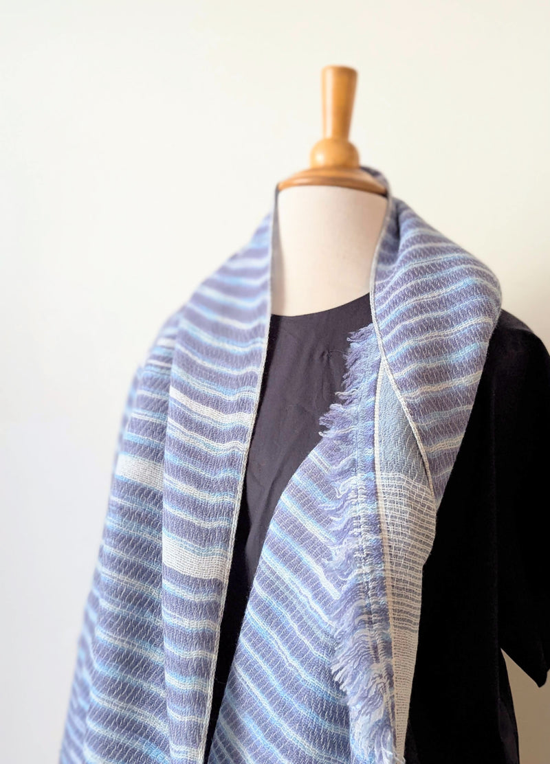 Tamaki Niime soft woven striped cotton scarf One of a kind. Made in Japan. Medium Root Shawl. multicolor shop Boston sowa gift store boutique blue white
