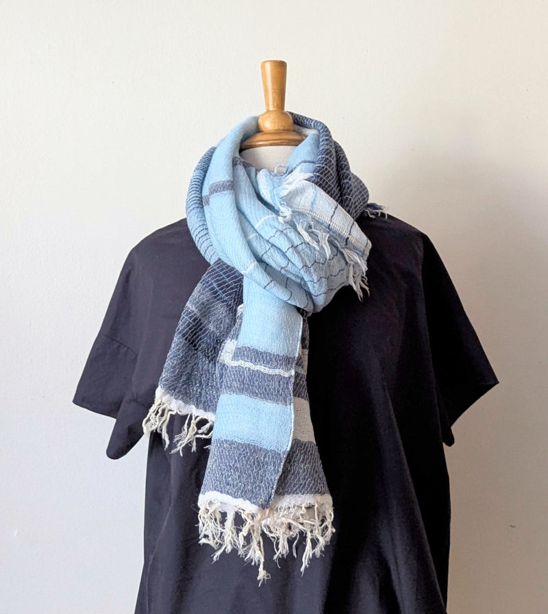 Tamaki Niime soft woven striped cotton scarf One of a kind. Made in Japan. Medium Root Shawl. multicolor shop Boston sowa gift store boutique blue white navy sky