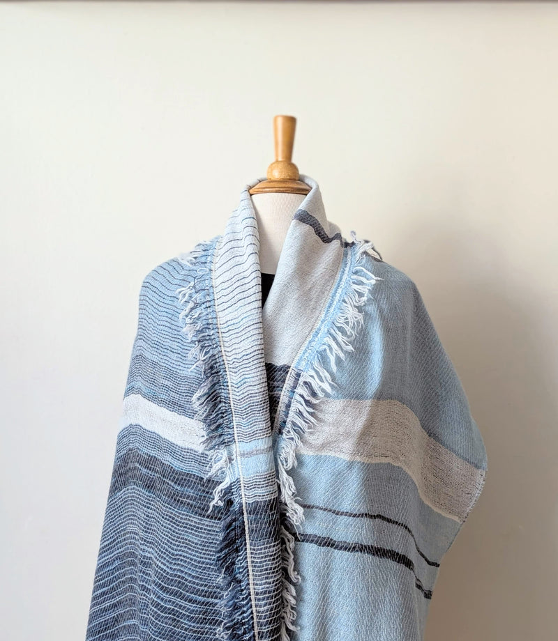 Tamaki Niime soft woven striped cotton scarf One of a kind. Made in Japan. Medium Root Shawl. multicolor shop Boston sowa gift store boutique blue white navy sky