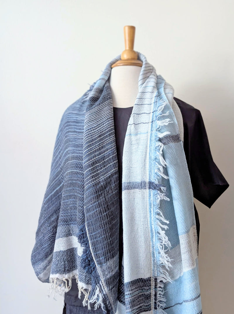 Tamaki Niime soft woven striped cotton scarf One of a kind. Made in Japan. Medium Root Shawl. multicolor shop Boston sowa gift store boutique blue white navy sky