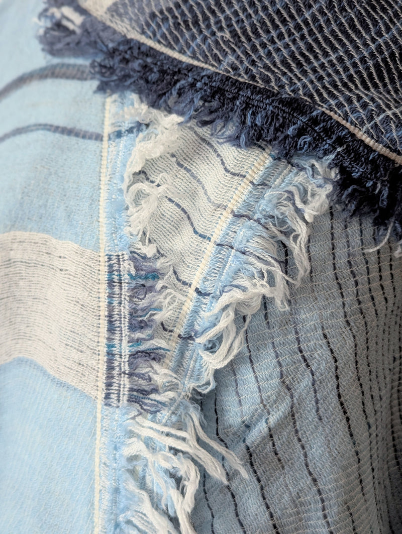 Tamaki Niime soft woven striped cotton scarf One of a kind. Made in Japan. Medium Root Shawl. multicolor shop Boston sowa gift store boutique blue white navy sky
