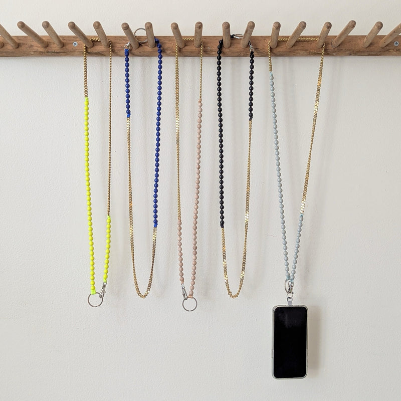Ina Seifart Phone Necklace Perlenpanzer beads wood brass chain mixed media jewelry gift shop sowa boston fashion accessories independent boutique lanyard keychain