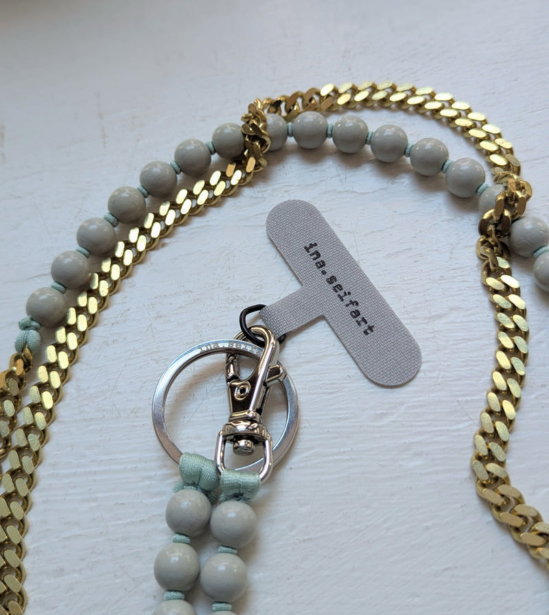 Ina Seifart Phone Necklace Perlenpanzer beads wood brass chain mixed media jewelry gift shop sowa boston fashion accessories independent boutique lanyard keychain