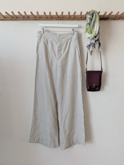 Sula clothing linen twill wide leg flare trouser pants mid rise button fly Small batch fashion apparel designer Boston boutique gift shop small business sowa 