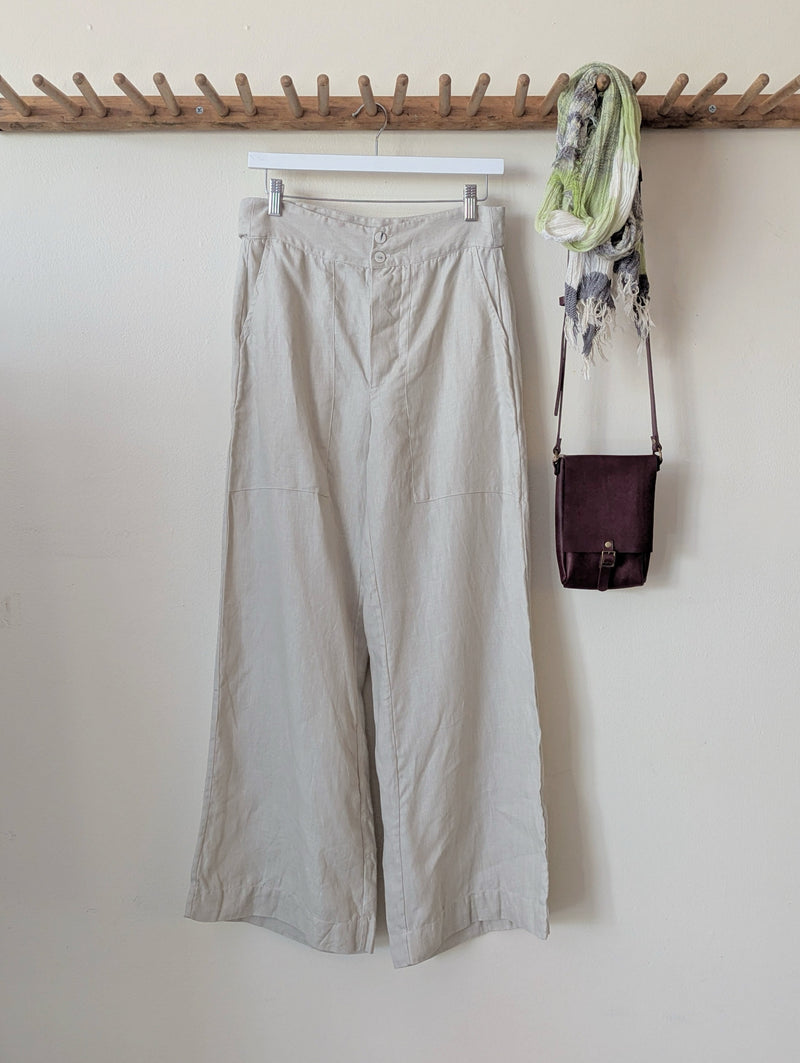 Sula clothing linen twill wide leg flare trouser pants mid rise button fly Small batch fashion apparel designer Boston boutique gift shop small business sowa 