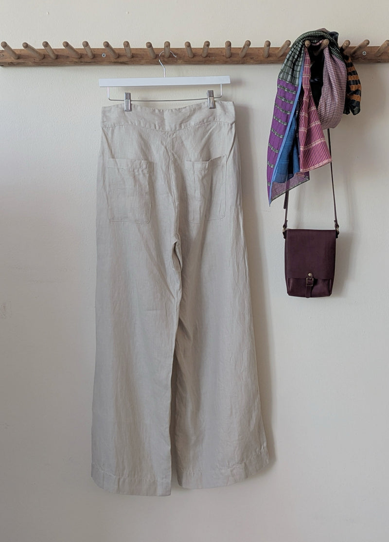 Sula clothing linen twill wide leg flare trouser pants mid rise button fly Small batch fashion apparel designer Boston boutique gift shop small business sowa 