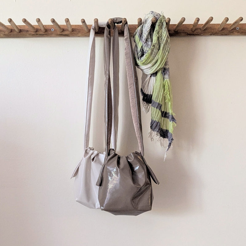 Mate Mono Tekateka shiny drawstring puffy shoulder crossbody bag clutch purse vegan sustainable eco friendly recycled upcycled Made in Japan Japanese gift shop Boston Sowa boutique gift store