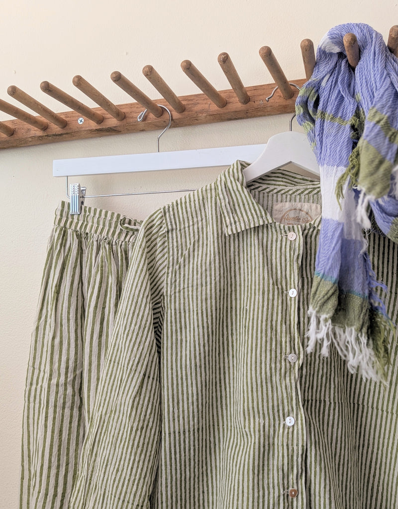 Khadi Cotton Drawstring Skirt - Green Stripe