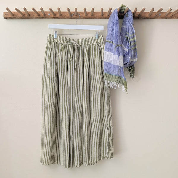 Khadi Cotton Drawstring Skirt - Green Stripe