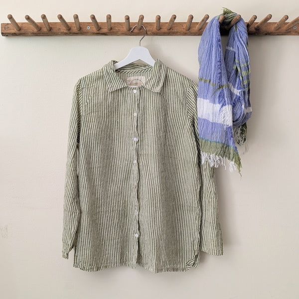 Khadi Cotton Button Down Shirt - Green Stripe