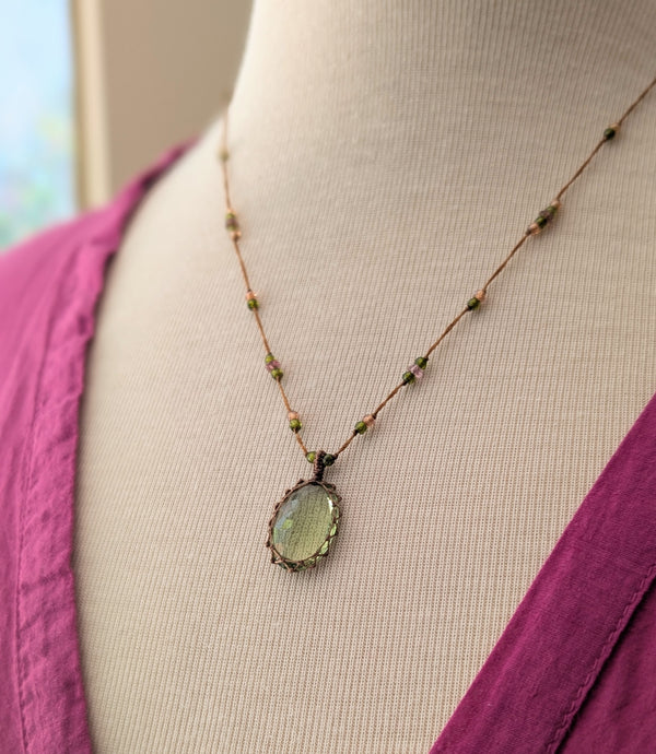 Tibetan macrame necklace green roman glass pendant crystal jewelry shop boston sowa gift store 