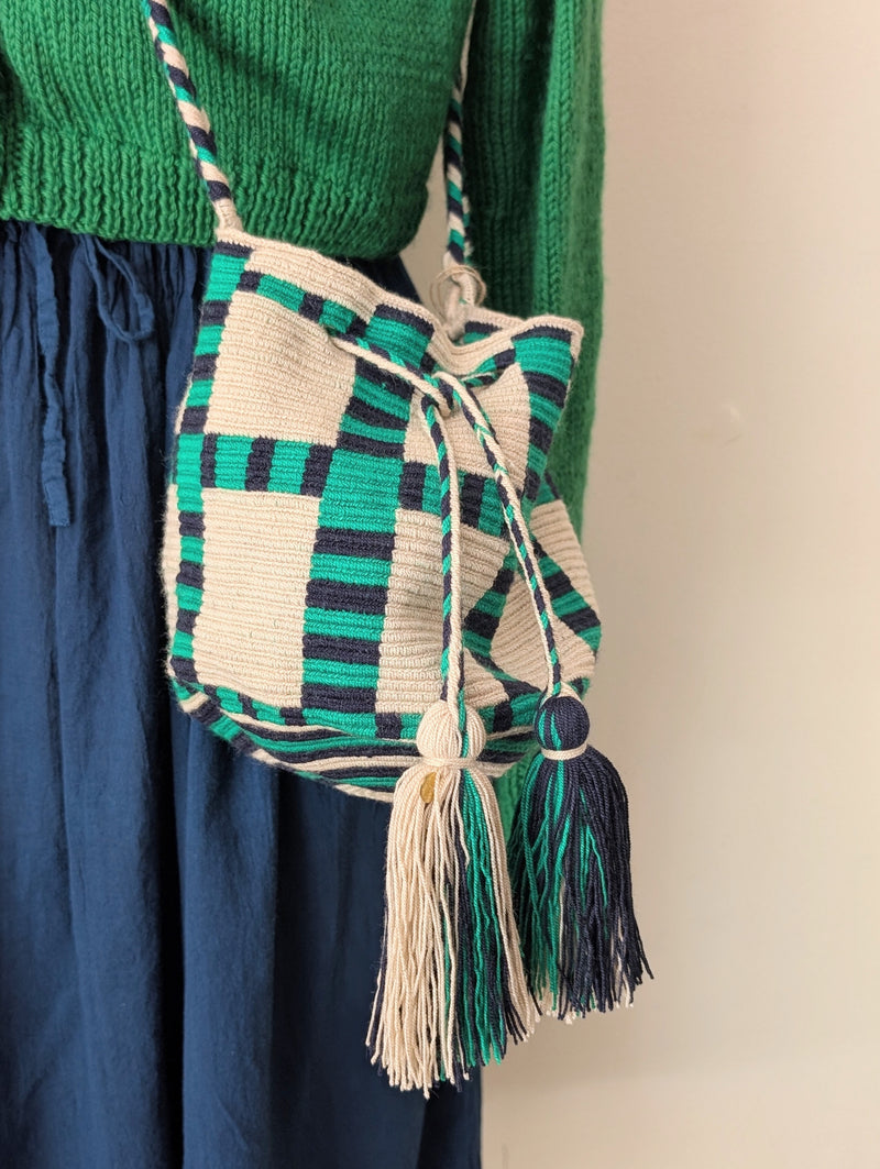 guanabana woven Crossbody bucket purse handmade Colombia drawstring crochet tassel boho sowa shop Boston boutique gift store