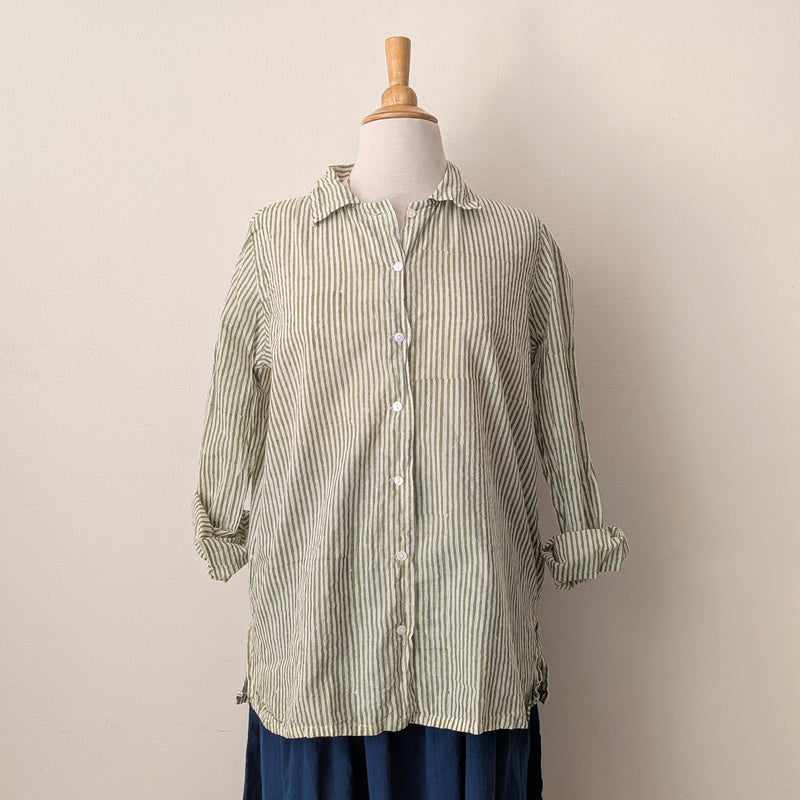Khadi Cotton Button Down Shirt - Green Stripe