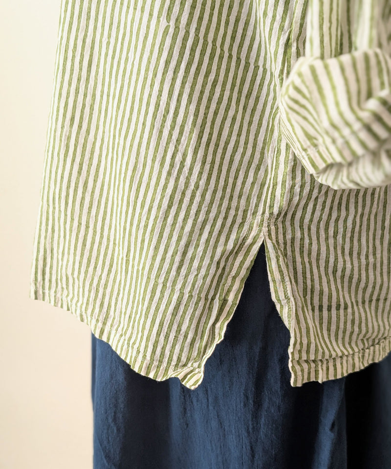Khadi Cotton Button Down Shirt - Green Stripe