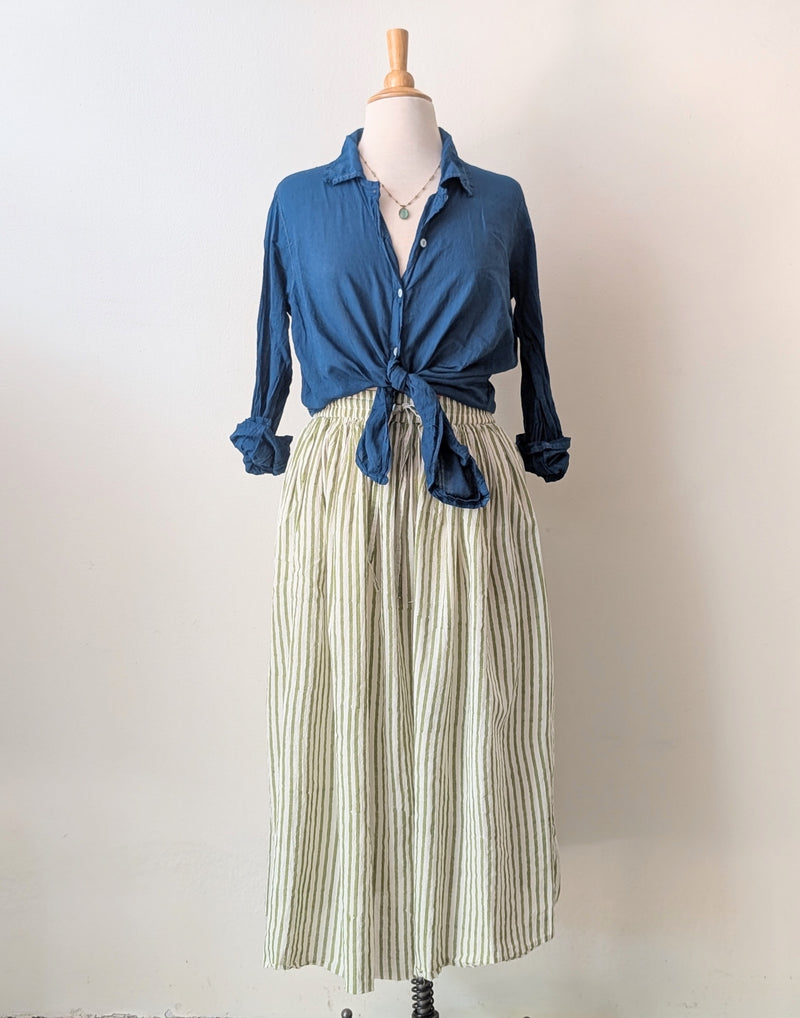 Khadi Cotton Drawstring Skirt - Green Stripe
