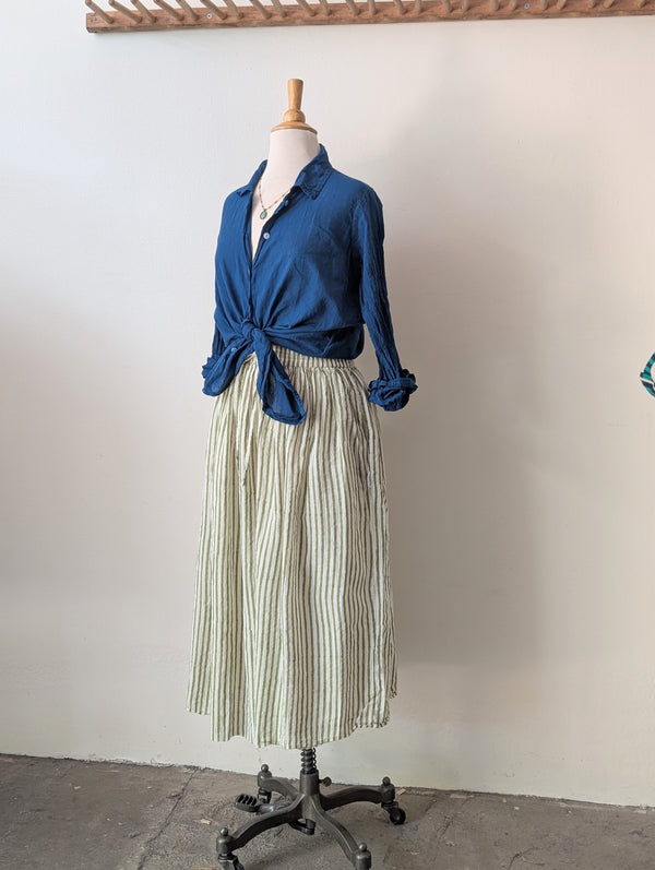 Khadi Cotton Drawstring Skirt - Green Stripe