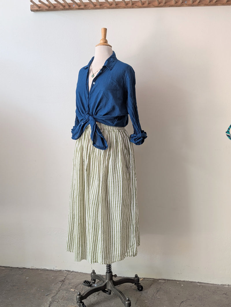 Khadi Cotton Drawstring Skirt - Green Stripe