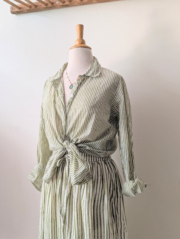 Khadi Cotton Button Down Shirt - Green Stripe