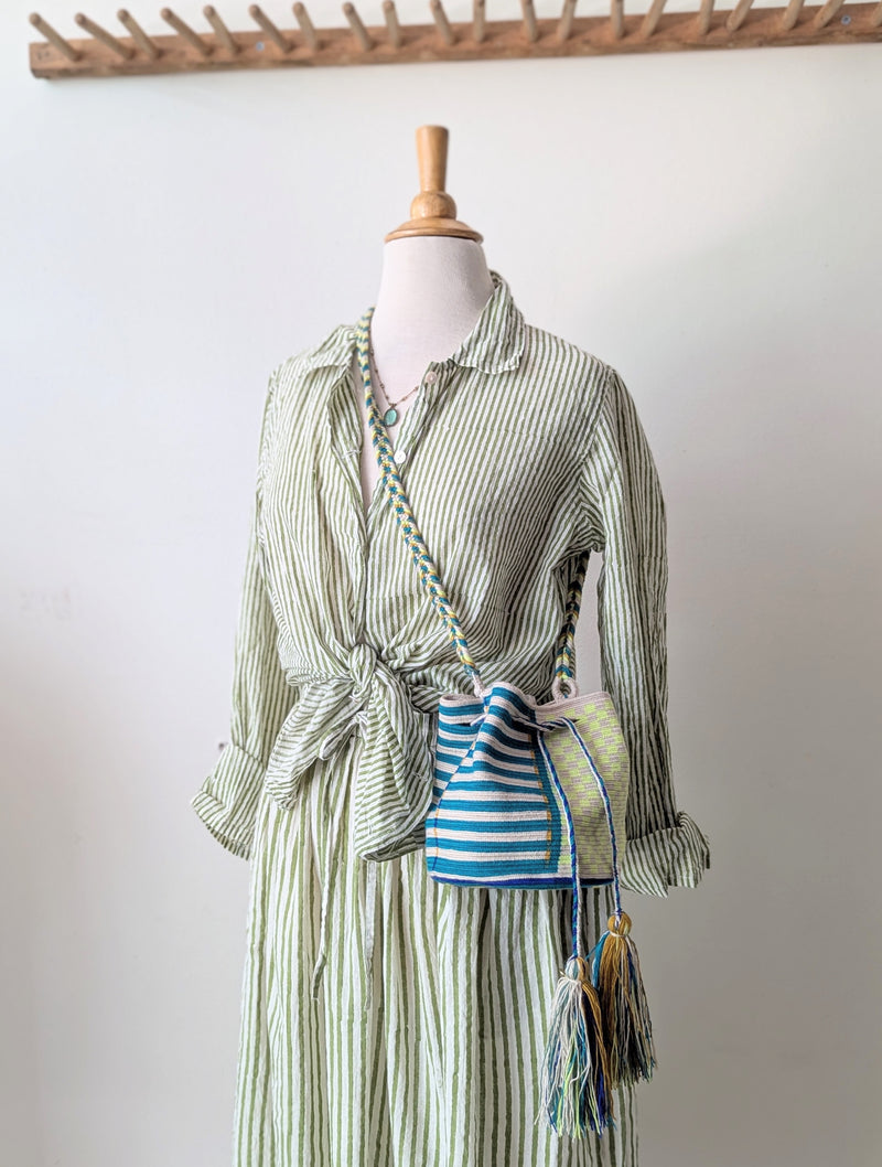 Guanabana crossbody woven bucket bag tassel drawstring handmade woven crochet Colombia pattern colorful gift shop Boston sowa boutique store