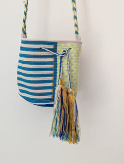 Guanabana crossbody woven bucket bag tassel drawstring handmade woven crochet Colombia pattern colorful gift shop Boston sowa boutique store