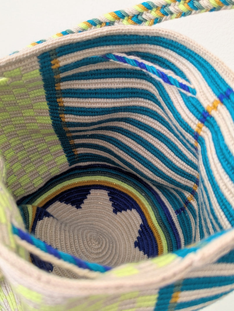 Guanabana crossbody woven bucket bag tassel drawstring handmade woven crochet Colombia pattern colorful gift shop Boston sowa boutique store