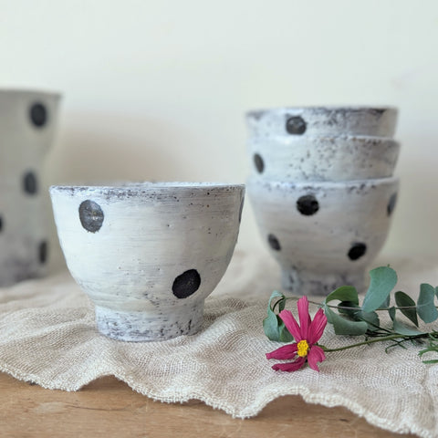 Small Handmade Ceramic Bowl - Black Polka Dots