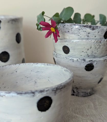 Small Handmade Ceramic Bowl - Black Polka Dots - Thumbnail 2