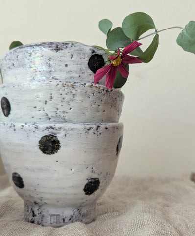 Small Handmade Ceramic Bowl - Black Polka Dots - Thumbnail 3