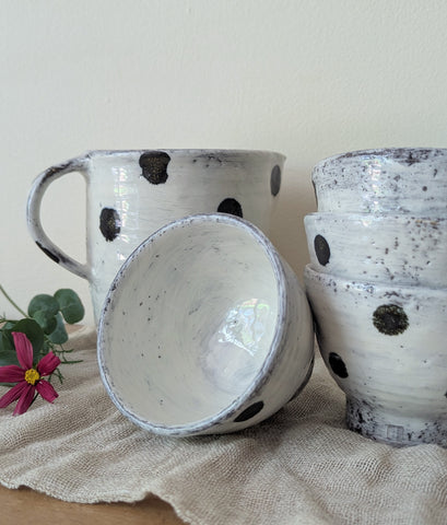 Small Handmade Ceramic Bowl - Black Polka Dots - Thumbnail 4