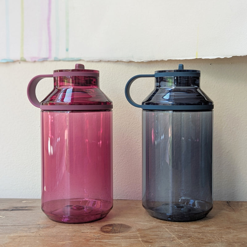 Two small reusable water bottles, one pink and one blue, on a wooden surface with a neutral background.

Japanese reusable water bottles plastic travel portable clear transparent BPA free KINTO sowa Boston gift shop boutique store