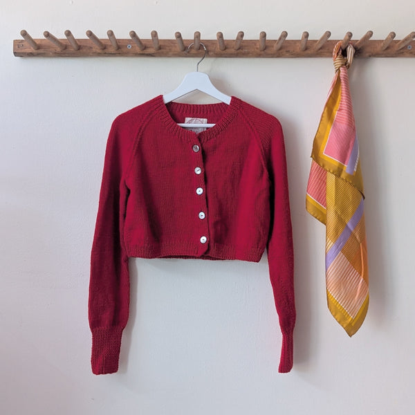 Hand Knit Wool Cardigan Sweater - Red