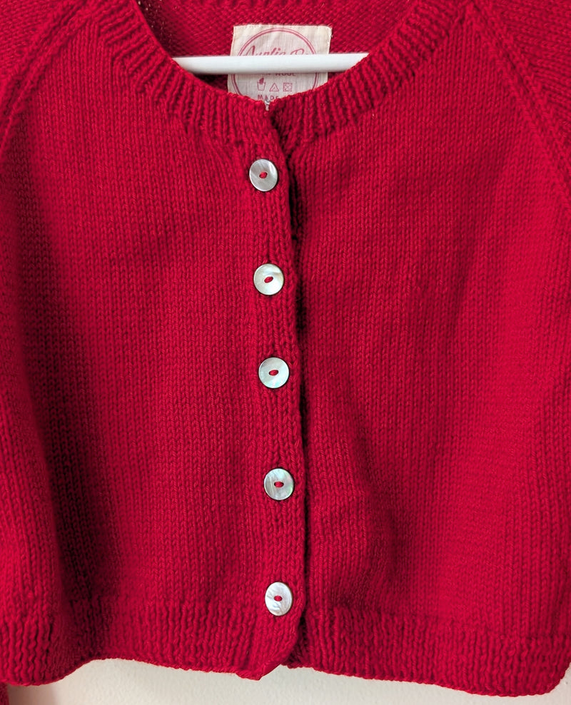 Hand Knit Wool Cardigan Sweater - Red
