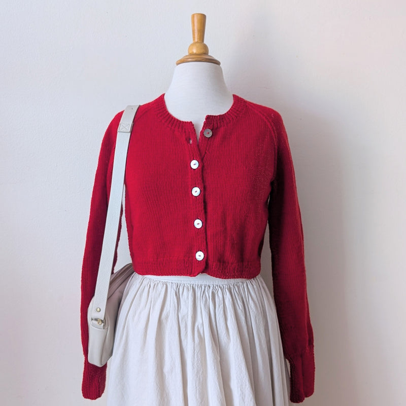 Hand Knit Wool Cardigan Sweater - Red
