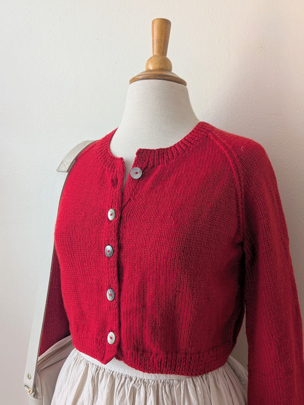 Hand Knit Wool Cardigan Sweater - Red