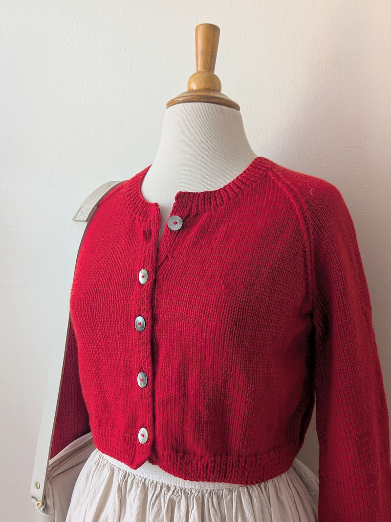 Hand Knit Wool Cardigan Sweater - Red