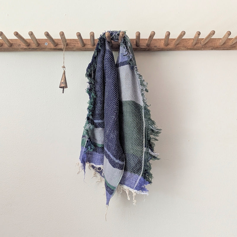 Japanese Extra Soft Woven Wool Cotton Scarf - Small - Navy, Moss Green and Periwinkle