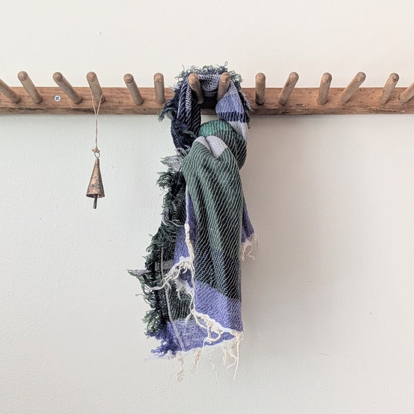 Japanese Extra Soft Woven Wool Cotton Scarf - Small - Navy, Moss Green and Periwinkle