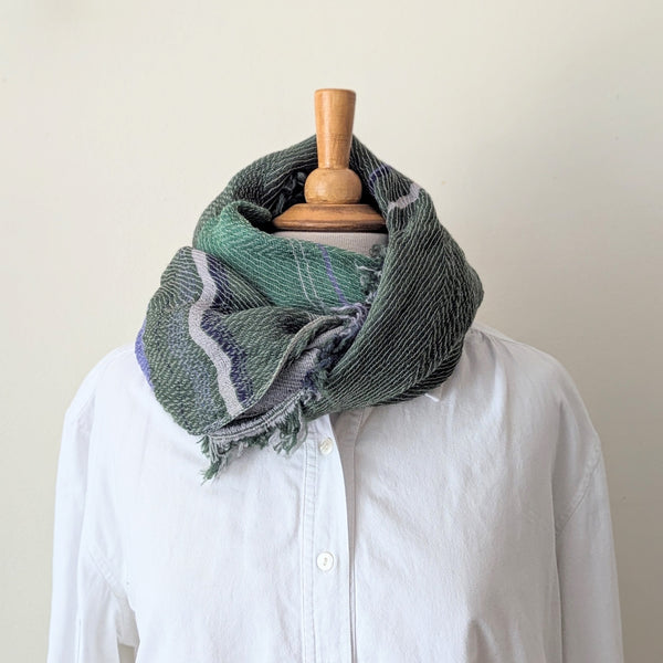 Japanese Extra Soft Woven Wool Cotton Scarf - Small - Navy, Moss Green and Periwinkle