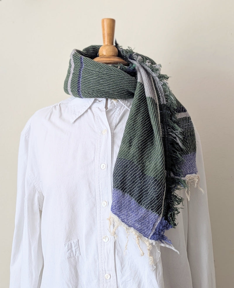 Japanese Extra Soft Woven Wool Cotton Scarf - Small - Navy, Moss Green and Periwinkle