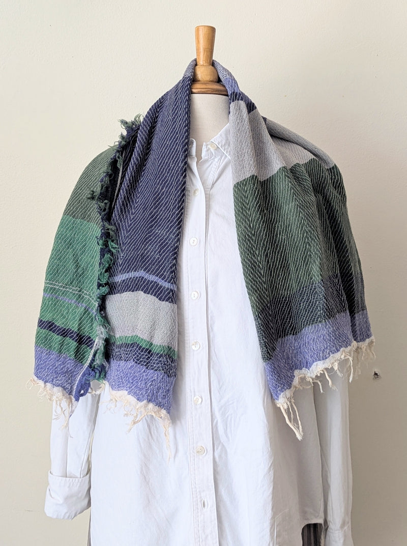 Japanese Extra Soft Woven Wool Cotton Scarf - Small - Navy, Moss Green and Periwinkle