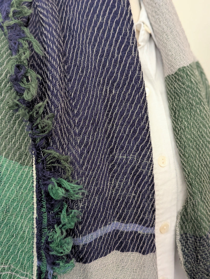 Japanese Extra Soft Woven Wool Cotton Scarf - Small - Navy, Moss Green and Periwinkle