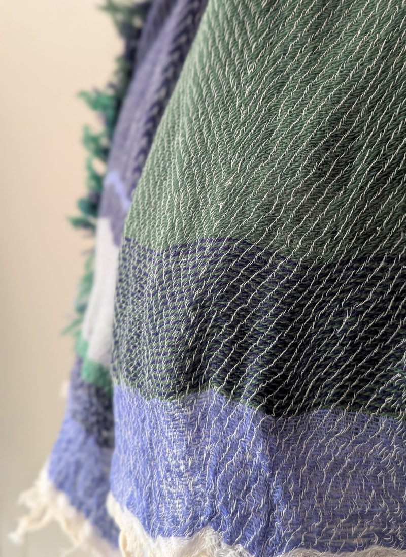 Japanese Extra Soft Woven Wool Cotton Scarf - Small - Navy, Moss Green and Periwinkle