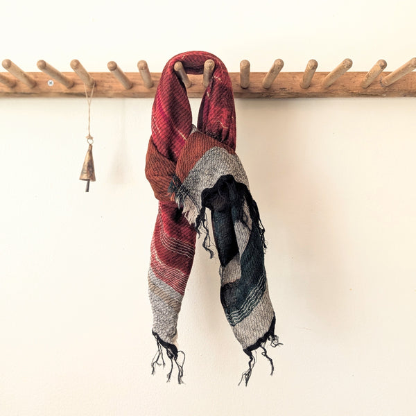 Japanese Extra Soft Woven Wool Cotton Scarf - Small - Crimson, Orange, and Forest Green